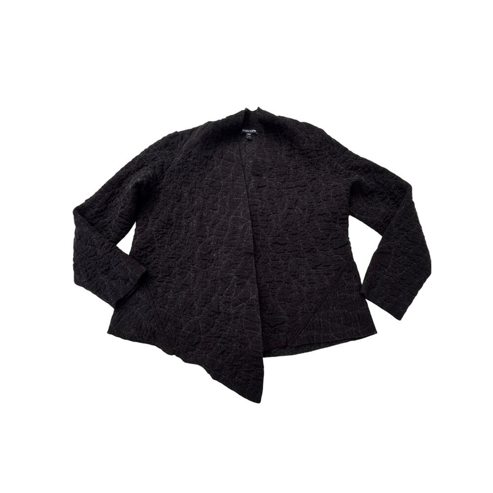 Eileen Fisher Cotton Wool Open Front Cardigan Puckered Crinkle Jacquard L